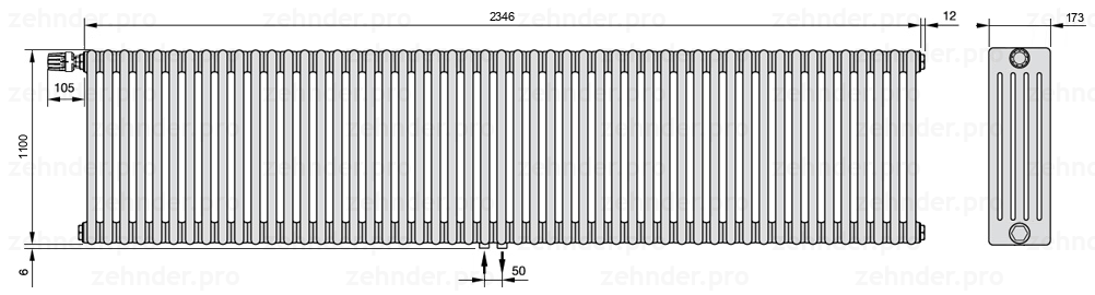Схема (чертеж) Радиатор Zehnder Charleston 5110/51 №V007 Белый глянцевый RAL 9016